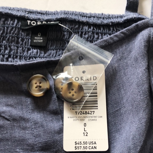 NWT Torrid Linen Blend Button-Front Crop Tank Blue Size 0 (L) - Picture 7 of 7
